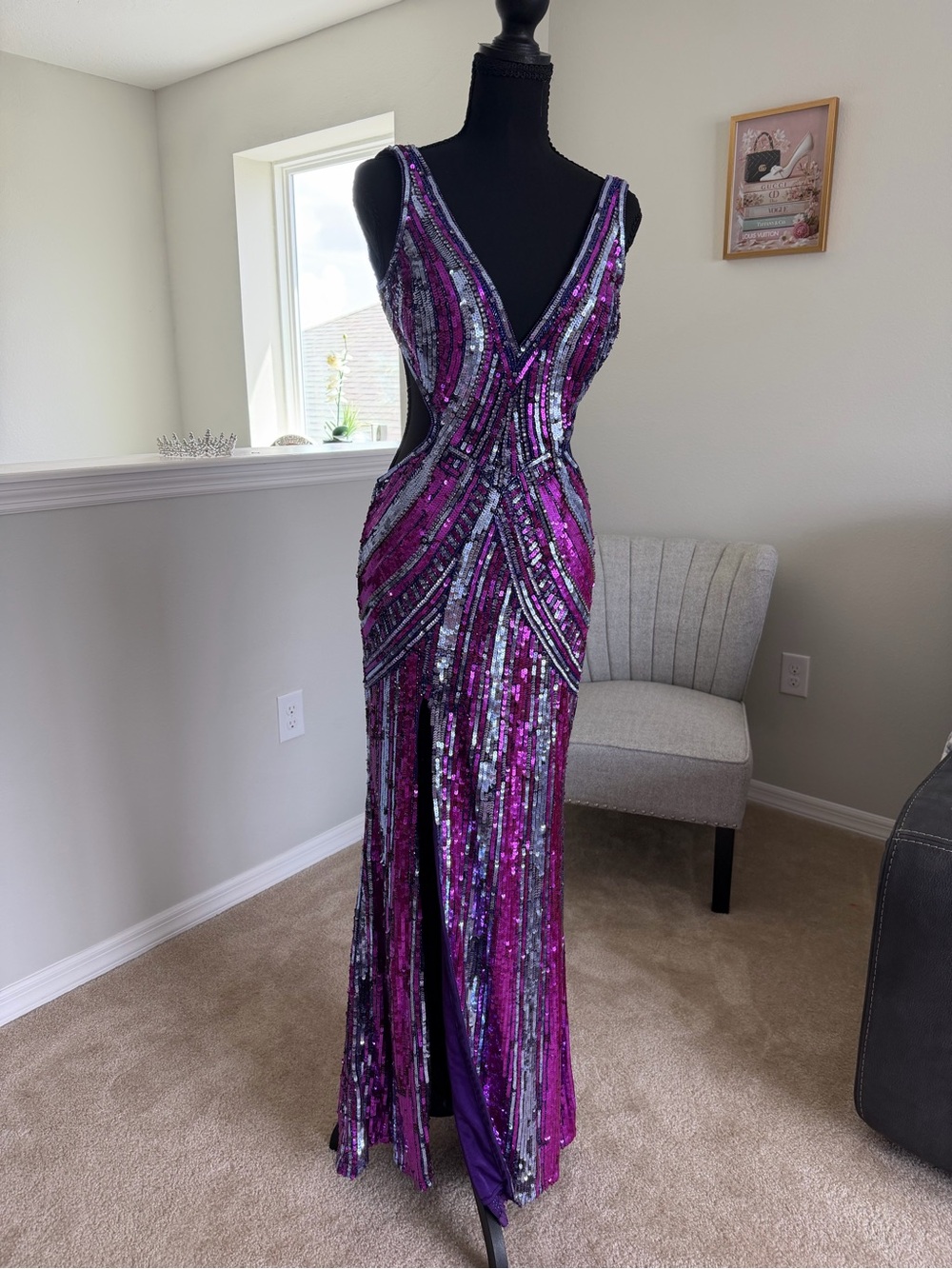 Sequin V-Neck Evening Gown in Purple